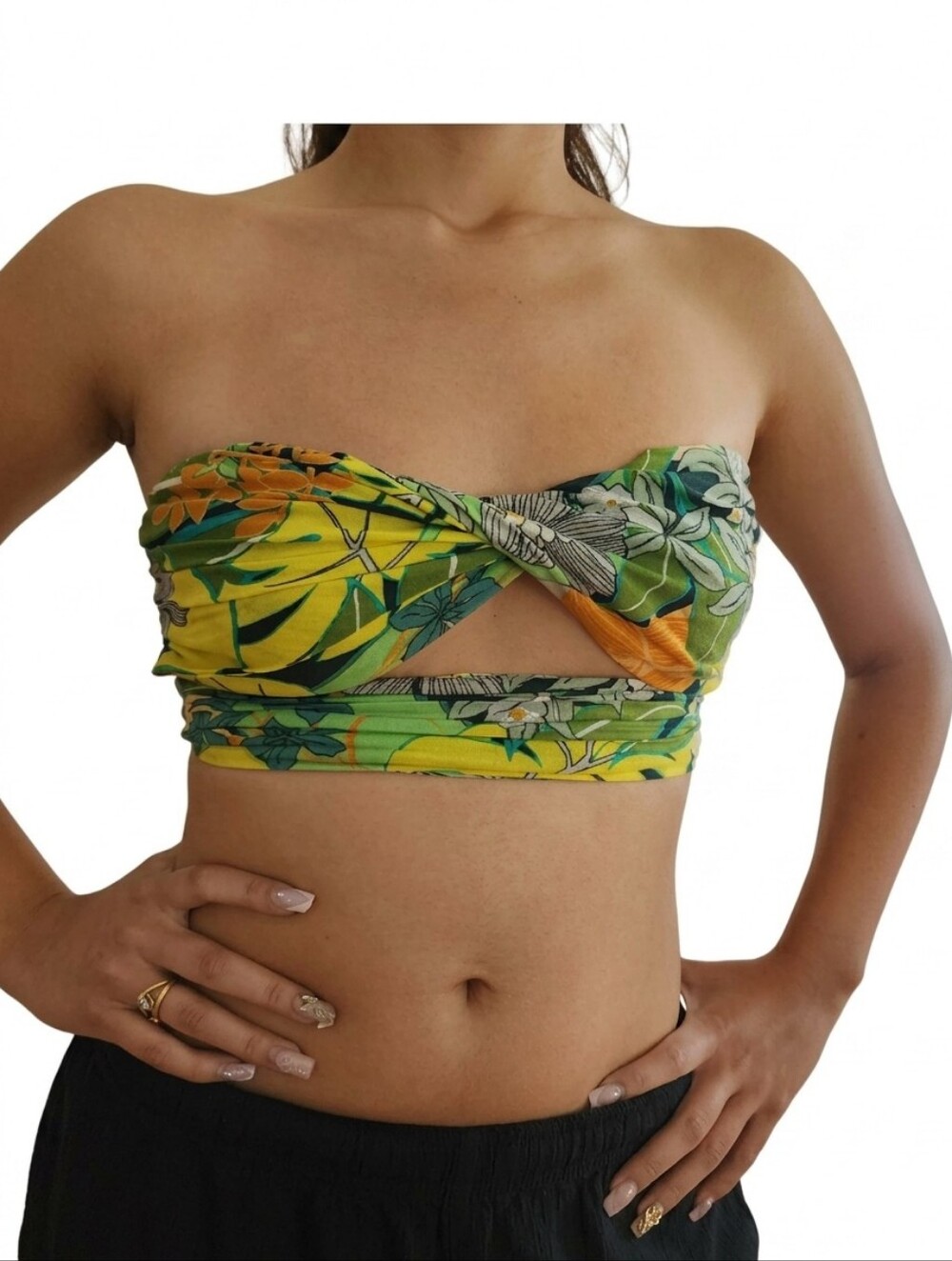 Hazel Boutique Tropical Twist Tube Top Women's Small Yellow Green Floral Cropped